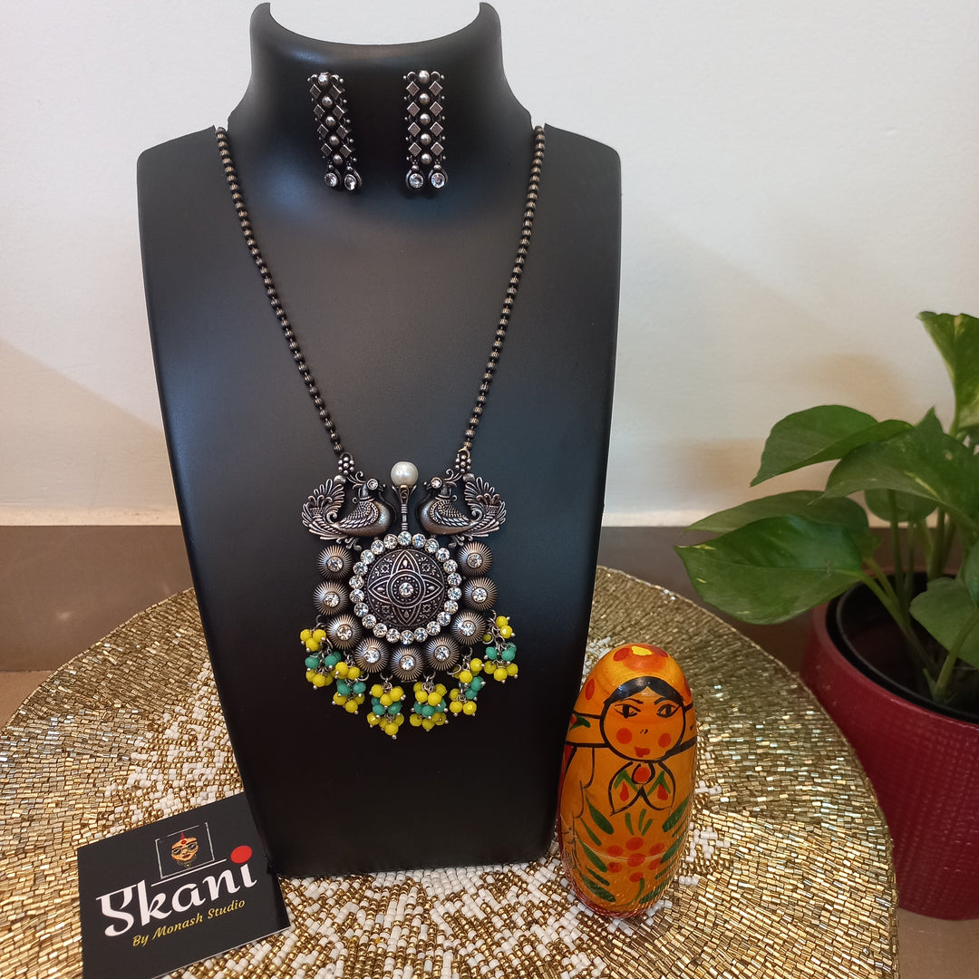 Ekani Shaziya Silver Brass Long Chain Necklace With Earrings