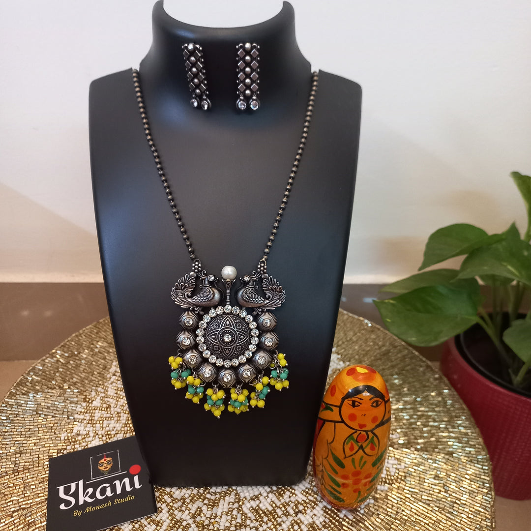 Ekani Shaziya Silver Brass Long Chain Necklace With Earrings