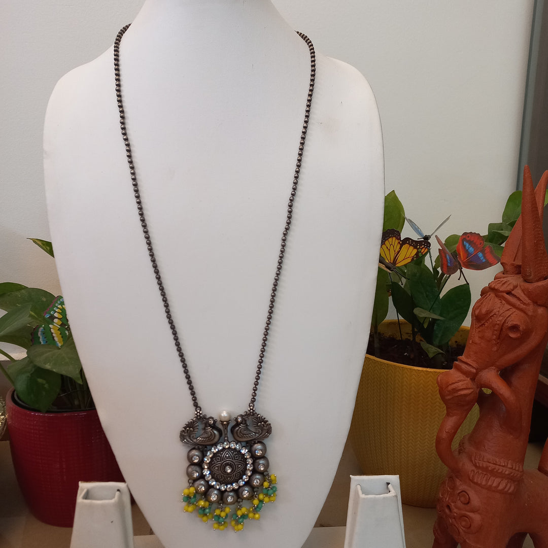 Ekani Shaziya Silver Brass Long Chain Necklace With Earrings