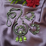 Load image into Gallery viewer, Ekani Upasna Floral Green Beads Silver Lookalike Pearl Necklace With Hoop Earrings