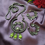 Load image into Gallery viewer, Ekani Upasna Floral Green Beads Silver Lookalike Pearl Necklace With Hoop Earrings