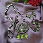Load image into Gallery viewer, Ekani Upasna Floral Green Beads Silver Lookalike Pearl Necklace With Hoop Earrings