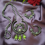 Load image into Gallery viewer, Ekani Upasna Floral Green Beads Silver Lookalike Pearl Necklace With Hoop Earrings