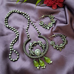 Load image into Gallery viewer, Ekani Upasna Floral Green Beads Silver Lookalike Pearl Necklace With Hoop Earrings