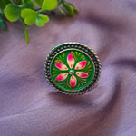 Load image into Gallery viewer, Ekani Green Meenakari Handpainted Adjustable Ring