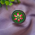 Load image into Gallery viewer, Ekani Green Meenakari Handpainted Adjustable Ring