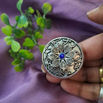 Load image into Gallery viewer, Ekani Smriti Brass Silver Oxidised Blue Stone Adjustable Finger Ring