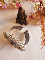 Load image into Gallery viewer, Ekani Patta Brass Gajra Handwork White Moti Bandhani Adjustable Handcuff