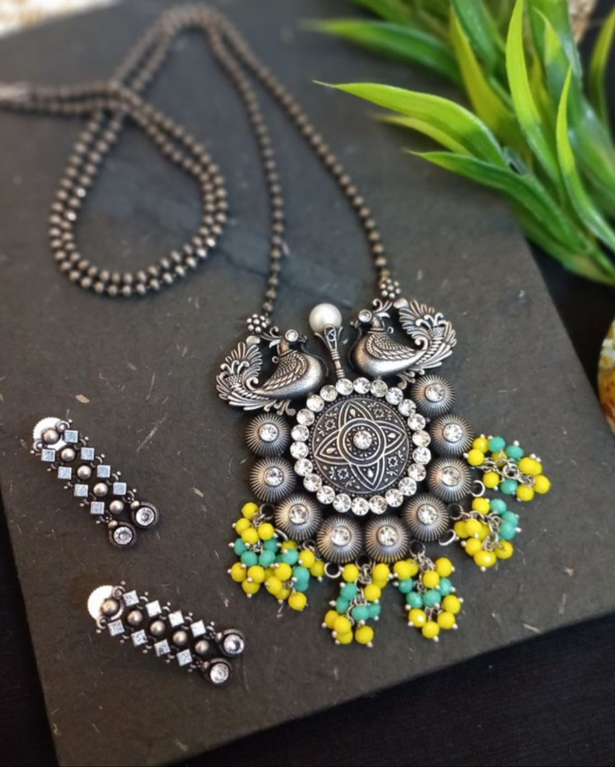 Ekani Shaziya Silver Brass Long Chain Necklace With Earrings