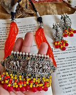 Load image into Gallery viewer, Ekani Amrapali Orange Silver Crystal Beads Choker Necklace Set