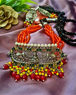 Load image into Gallery viewer, Ekani Amrapali Orange Silver Crystal Beads Choker Necklace Set