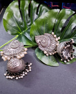 Load image into Gallery viewer, Ekani Antique Elegance Brass Silver Jhumka Earrings