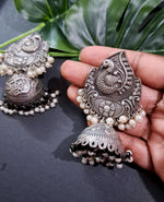 Load image into Gallery viewer, Ekani Antique Elegance Brass Silver Jhumka Earrings