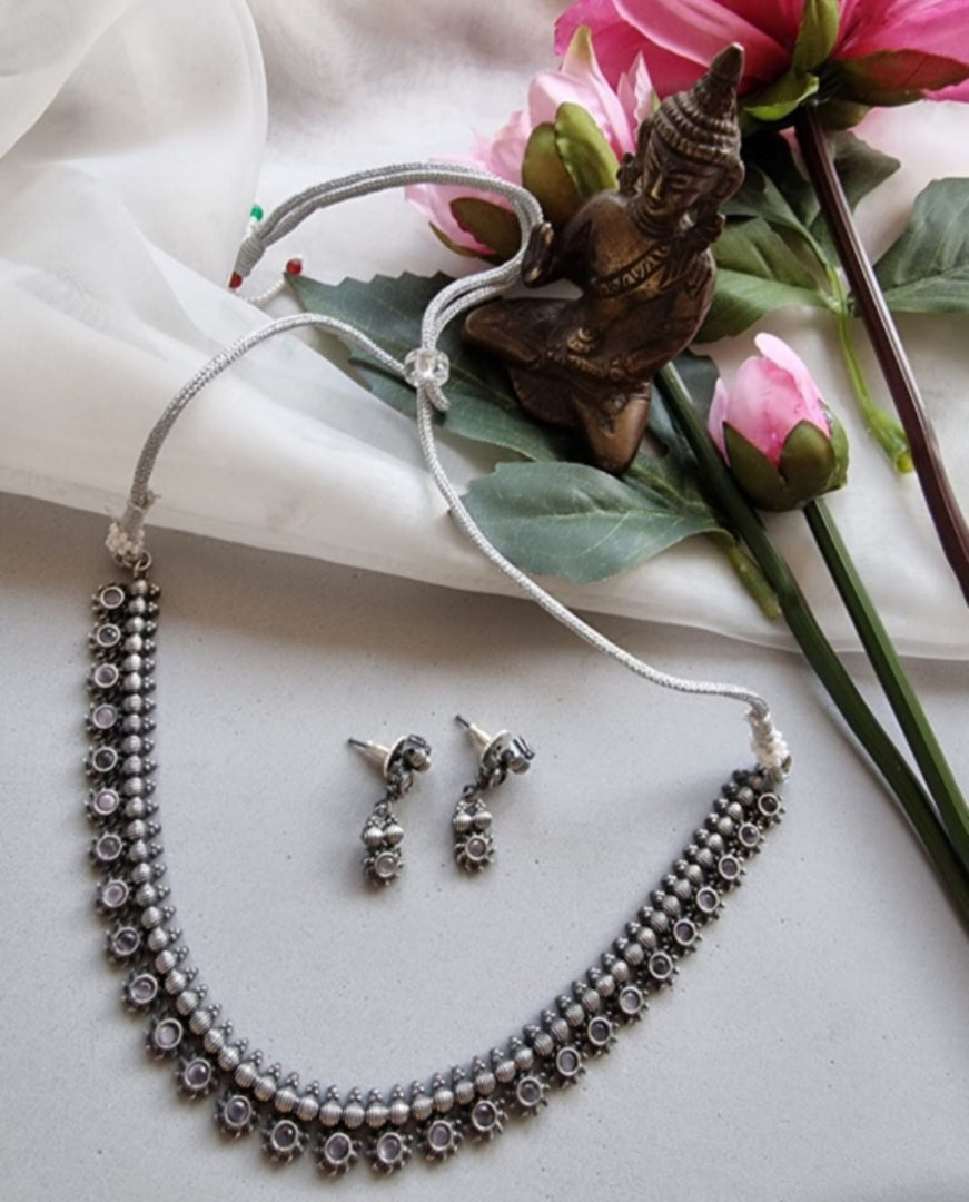 Ekani Shimul Brass Silver Stone Sleek Necklace Set
