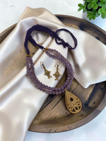 Load image into Gallery viewer, Premium Original Lavender Onyx Beaded Necklace Set with Handcrafted Dokra Pendant & Fish Design Earrings | Adjustable Tassel