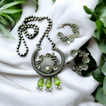 Load image into Gallery viewer, Ekani Upasna Floral Green Beads Silver Lookalike Pearl Necklace With Hoop Earrings