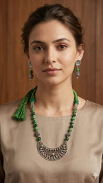 Load image into Gallery viewer, Premium Green Onyx Beaded Oxidised Silver Crescent Pendant Necklace Set with Matching Earrings & Bracelet | Adjustable Dori