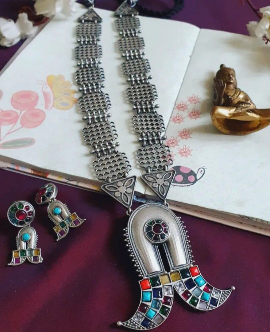 Ekani Saira Brass Silver Navratna Necklace Set
