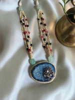Load image into Gallery viewer, Designer Natural Blue Stone Statement Pendant Necklace with Pearl & Multicolour Beads | Adjustable Dori
