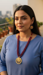 Load image into Gallery viewer, Premium Original Mehroon Onyx Beaded Necklace Set with Handcrafted Dokra Pendant & Matching Design Earrings | Adjustable Tassel