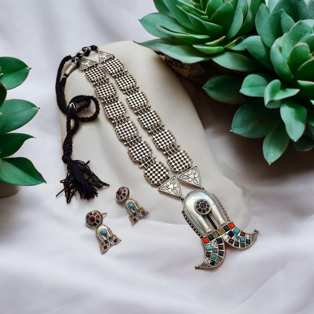 Ekani Saira Brass Silver Navratna Necklace Set