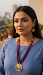 Load image into Gallery viewer, Premium Original Mehroon Onyx Beaded Necklace Set with Handcrafted Dokra Pendant & Matching Design Earrings | Adjustable Tassel