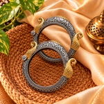 Load image into Gallery viewer, Ekani Peacock Style Dual-Tone Brass Openable Kada Bangle Pair – Oxidised Silver & Gold Finish