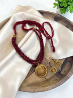 Load image into Gallery viewer, Premium Original Mehroon Onyx Beaded Necklace Set with Handcrafted Dokra Pendant & Matching Design Earrings | Adjustable Tassel