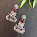 Load image into Gallery viewer, Ekani Bina Silver Polish Replica Floral Peacock Aqua Blue With Yellow Meenakari Handpainted Earrings