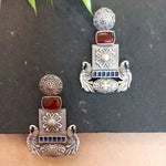 Load image into Gallery viewer, Ekani Bina Silver Polish Replica Floral Peacock Aqua Blue With Yellow Meenakari Handpainted Earrings