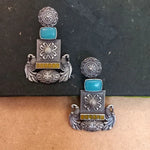 Load image into Gallery viewer, Ekani Hina Silver Polish Replica Floral Peacock Aqua Blue With Yellow Meenakari Handpainted Earrings