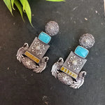 Load image into Gallery viewer, Ekani Hina Silver Polish Replica Floral Peacock Aqua Blue With Yellow Meenakari Handpainted Earrings