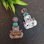 Load image into Gallery viewer, Ekani Hina Silver Polish Replica Floral Peacock Aqua Blue With Yellow Meenakari Handpainted Earrings