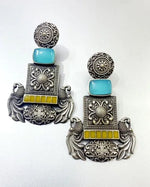 Load image into Gallery viewer, Ekani Hina Silver Polish Replica Floral Peacock Aqua Blue With Yellow Meenakari Handpainted Earrings