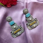 Load image into Gallery viewer, Ekani Hina Silver Polish Replica Floral Peacock Aqua Blue With Yellow Meenakari Handpainted Earrings