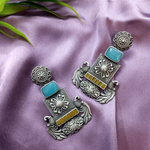 Load image into Gallery viewer, Ekani Hina Silver Polish Replica Floral Peacock Aqua Blue With Yellow Meenakari Handpainted Earrings