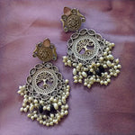 Load image into Gallery viewer, Ekani Riya Yellow/pink Brass Alloy Silver Pearl And Monalisa Stone Chaandbaali Earrings