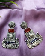 Load image into Gallery viewer, Ekani Bina Silver Polish Replica Floral Peacock Aqua Blue With Yellow Meenakari Handpainted Earrings