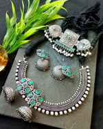 Load image into Gallery viewer, Ekani Wedding Sutra Green Brass Silver Replica Choker, Necklace With Jhumka Earring Set
