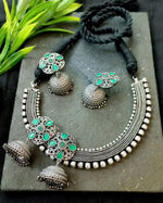 Load image into Gallery viewer, Ekani Wedding Sutra Green Brass Silver Replica Choker, Necklace With Jhumka Earring Set
