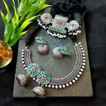 Load image into Gallery viewer, Ekani Wedding Sutra Green Brass Silver Replica Choker, Necklace With Jhumka Earring Set