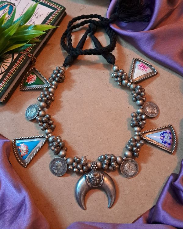 Ekani Mundrika Brass Silver Meenakari Necklace