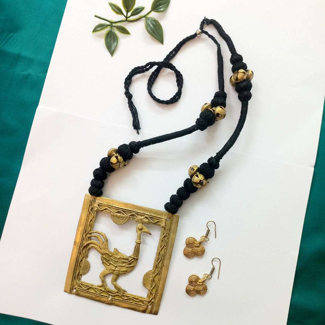 Ekani Chakor Pakhi Dokra Ghungroo Brass Necklace Set