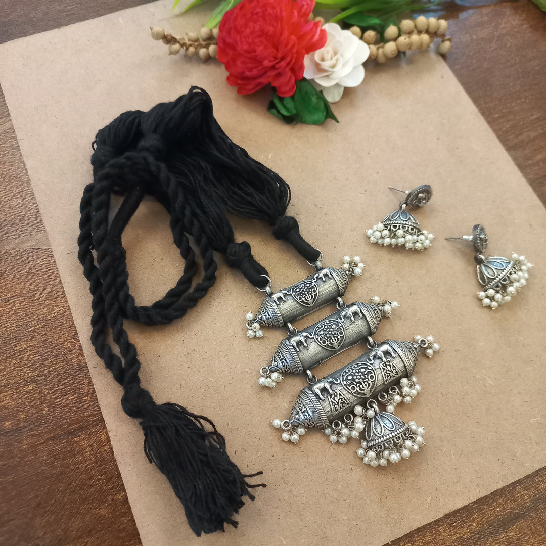 Ekani Mandira Brass Silver Replica  Tabeez Necklace With Earrings