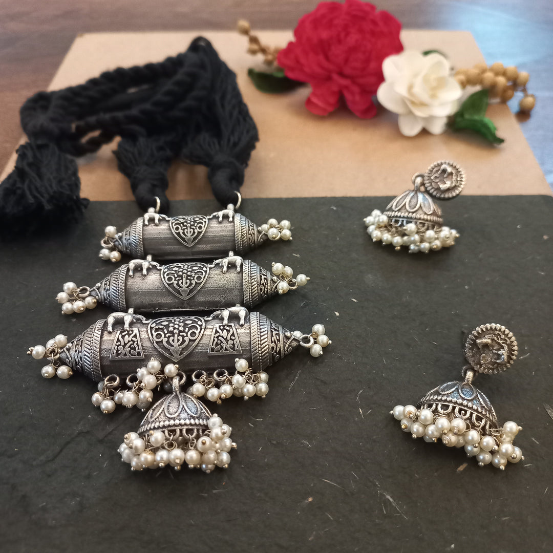 Ekani Mandira Brass Silver Replica  Tabeez Necklace With Earrings