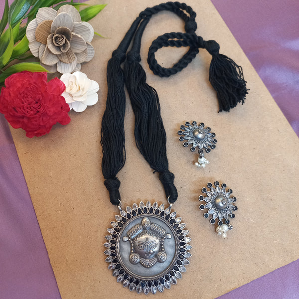 Ekani Durga Brass Silver Blue White Zircon Pearl Black Thread Tarsel Necklace Set