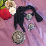 Load image into Gallery viewer, Ekani Durga Brass Silver Blue White Zircon Pearl Black Thread Tarsel Necklace Set
