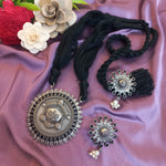 Load image into Gallery viewer, Ekani Durga Brass Silver Blue White Zircon Pearl Black Thread Tarsel Necklace Set
