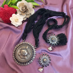 Load image into Gallery viewer, Ekani Durga Brass Silver Blue White Zircon Pearl Black Thread Tarsel Necklace Set
