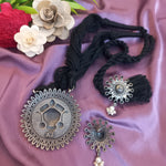 Load image into Gallery viewer, Ekani Durga Brass Silver Blue White Zircon Pearl Black Thread Tarsel Necklace Set
